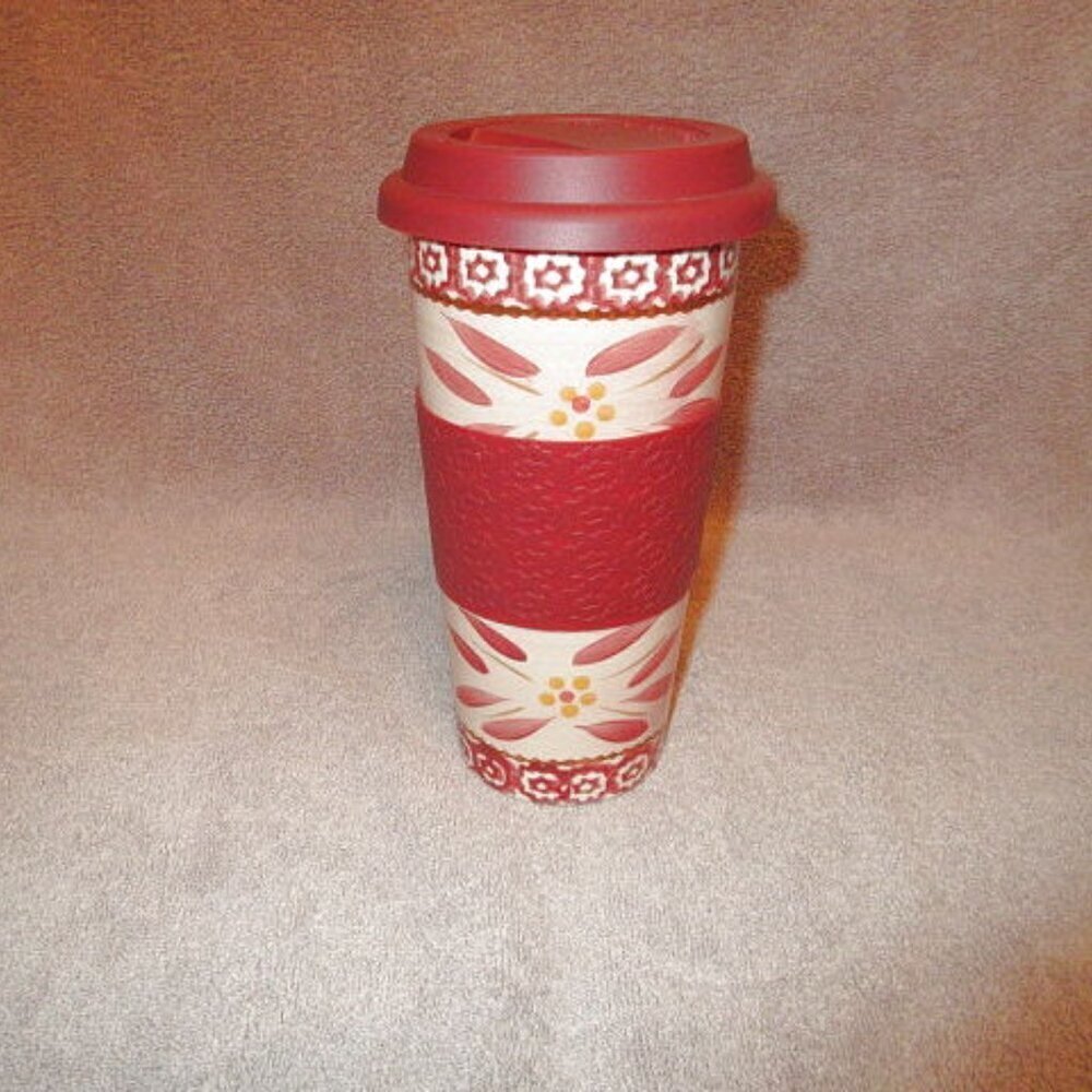 Temptations Travel Mug With Lid 16 oz Old World Jumbo Grip Band Stoneware Cranb